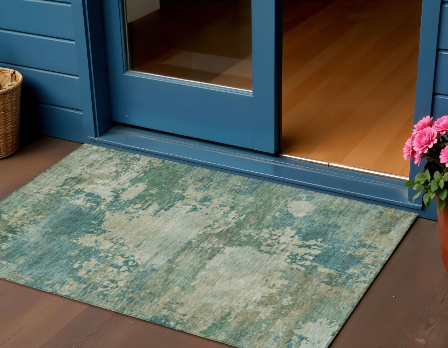 3 X 5 Teal Blue Beige And Denim Blue Abstract Washable Indoor Outdoor Area Rug