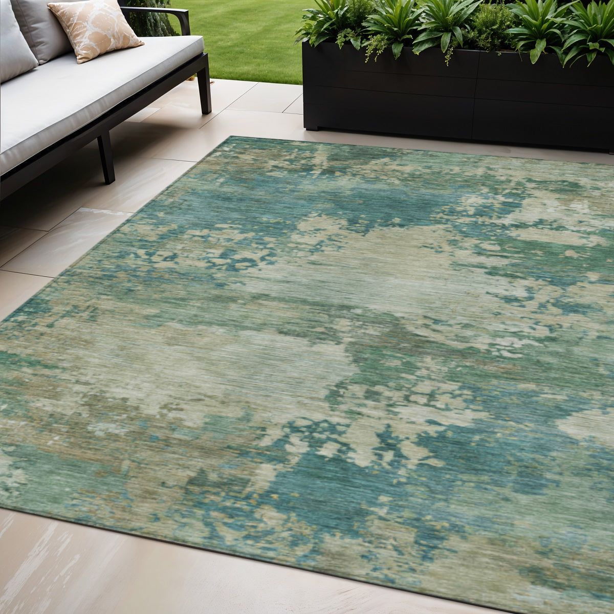 5 X 8 Teal Blue Beige And Denim Blue Abstract Washable Indoor Outdoor Area Rug