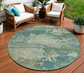 8 Teal Blue Beige And Denim Blue Round Abstract Washable Indoor Outdoor Area Rug