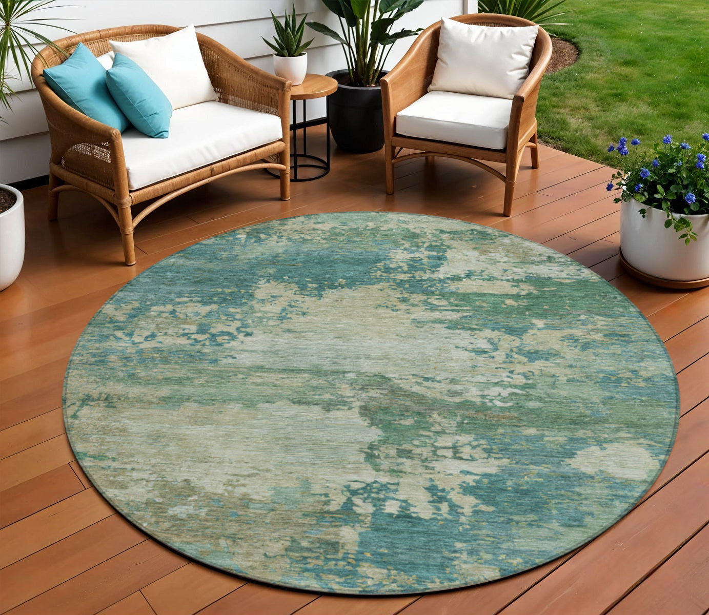8 Teal Blue Beige And Denim Blue Round Abstract Washable Indoor Outdoor Area Rug