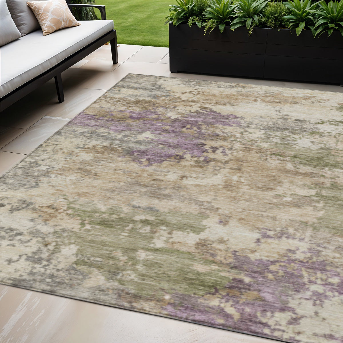 5 X 8 Beige Green And Purple Abstract Washable Indoor Outdoor Area Rug
