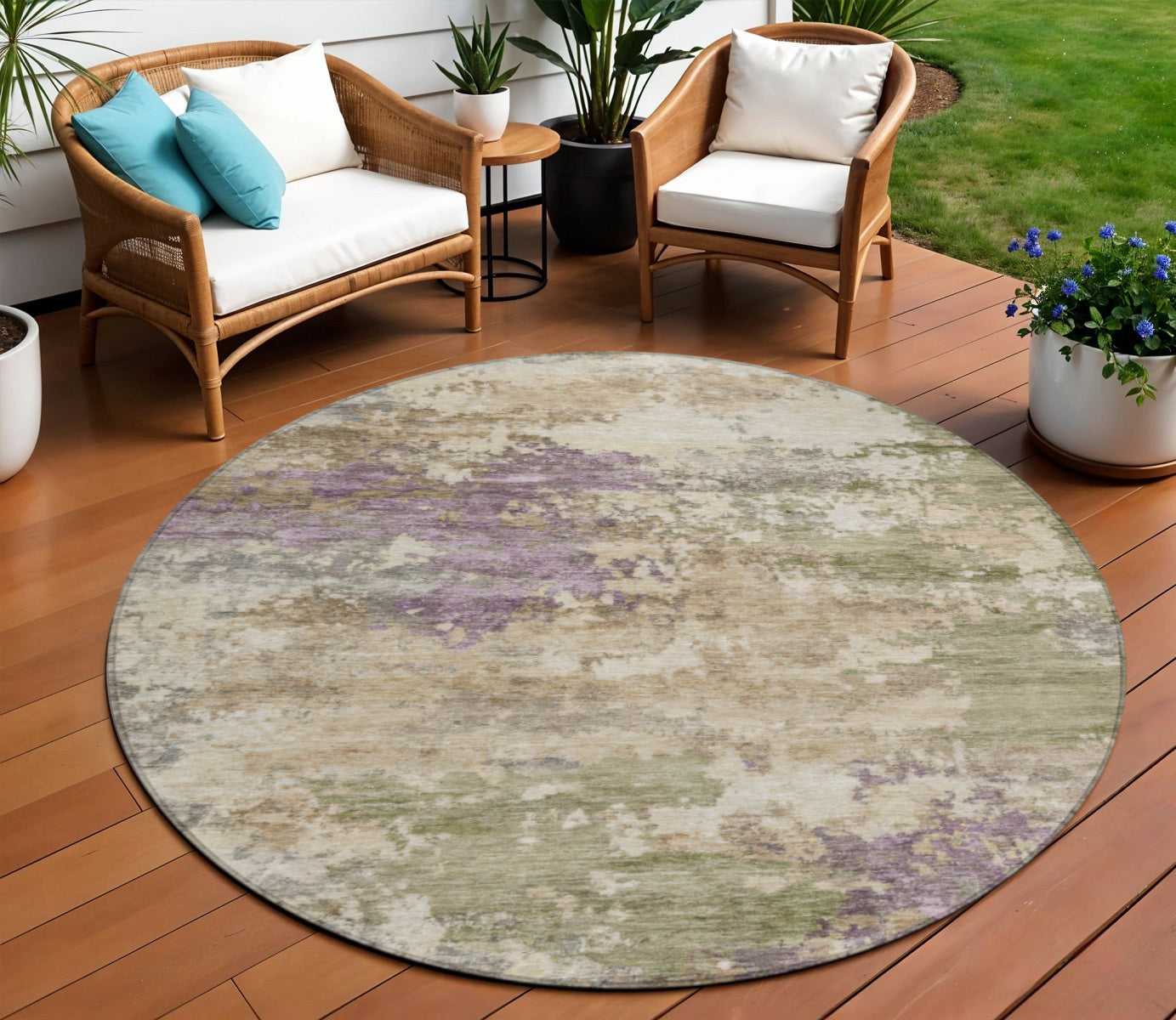 8 Beige Green And Purple Round Abstract Washable Indoor Outdoor Area Rug