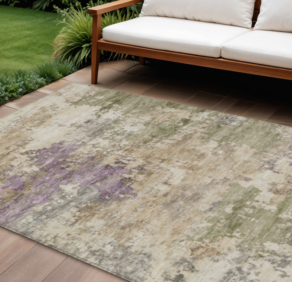 9 X 12 Beige Green And Purple Abstract Washable Indoor Outdoor Area Rug