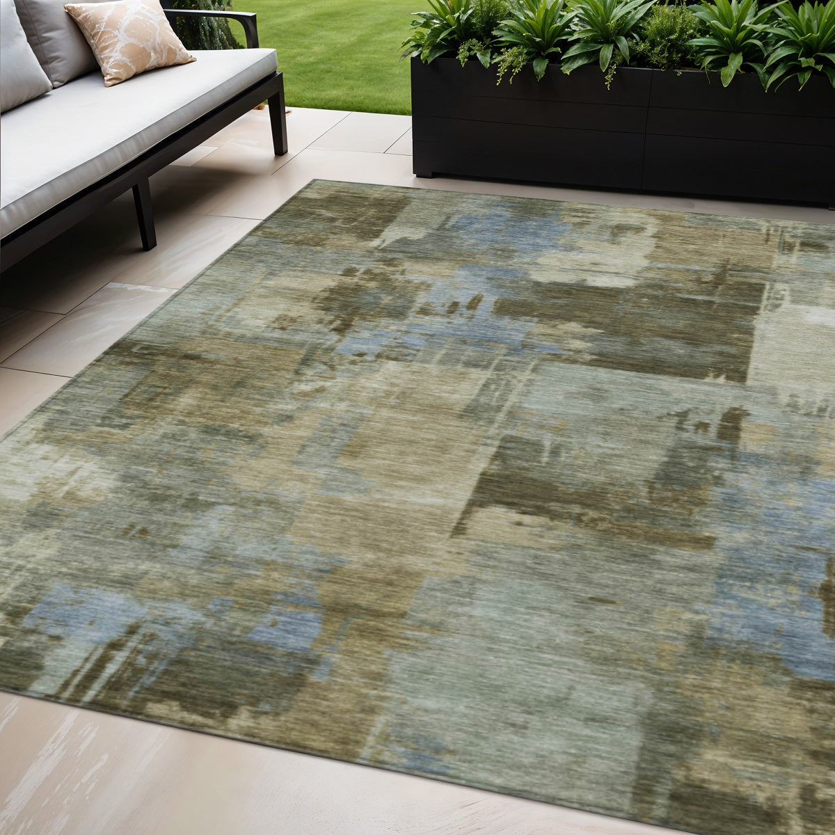 5 X 8 Green Gray And Sky Blue Abstract Washable Indoor Outdoor Area Rug