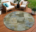 8 Green Gray And Sky Blue Round Abstract Washable Indoor Outdoor Area Rug