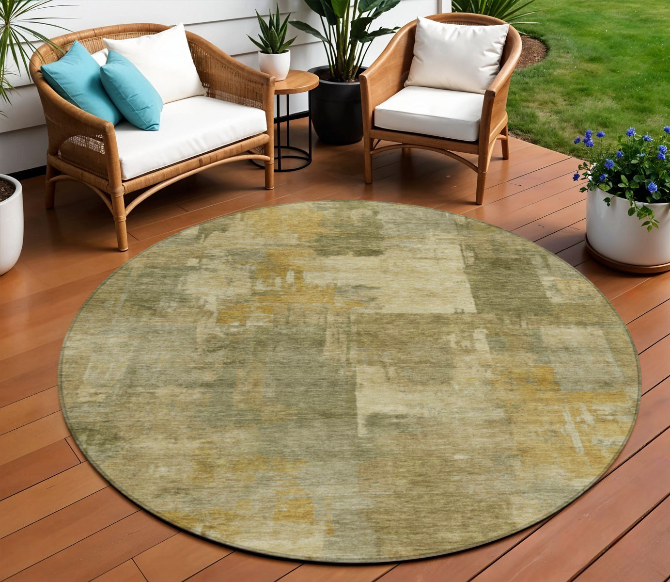 8 Khaki Beige And Wheat Round Abstract Washable Indoor Outdoor Area Rug