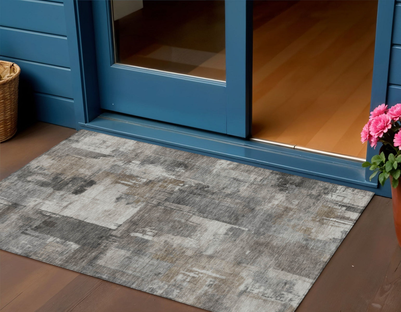 3 X 5 Pewter Khaki And Charcoal Abstract Washable Indoor Outdoor Area Rug