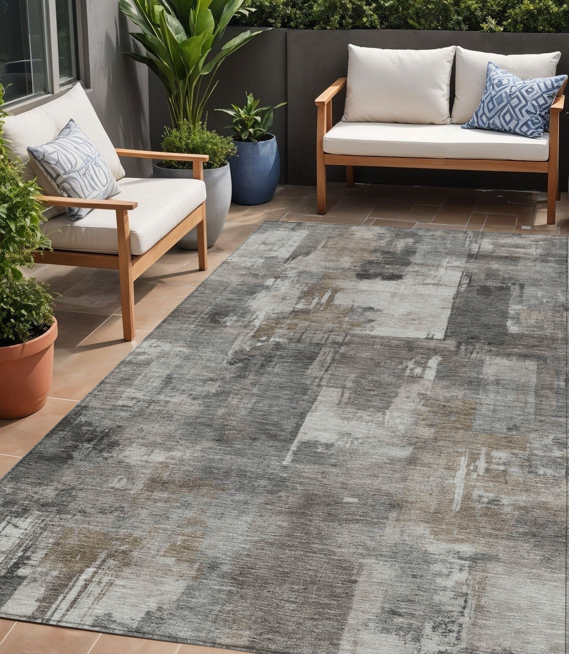 5 X 8 Pewter Khaki And Charcoal Abstract Washable Indoor Outdoor Area Rug