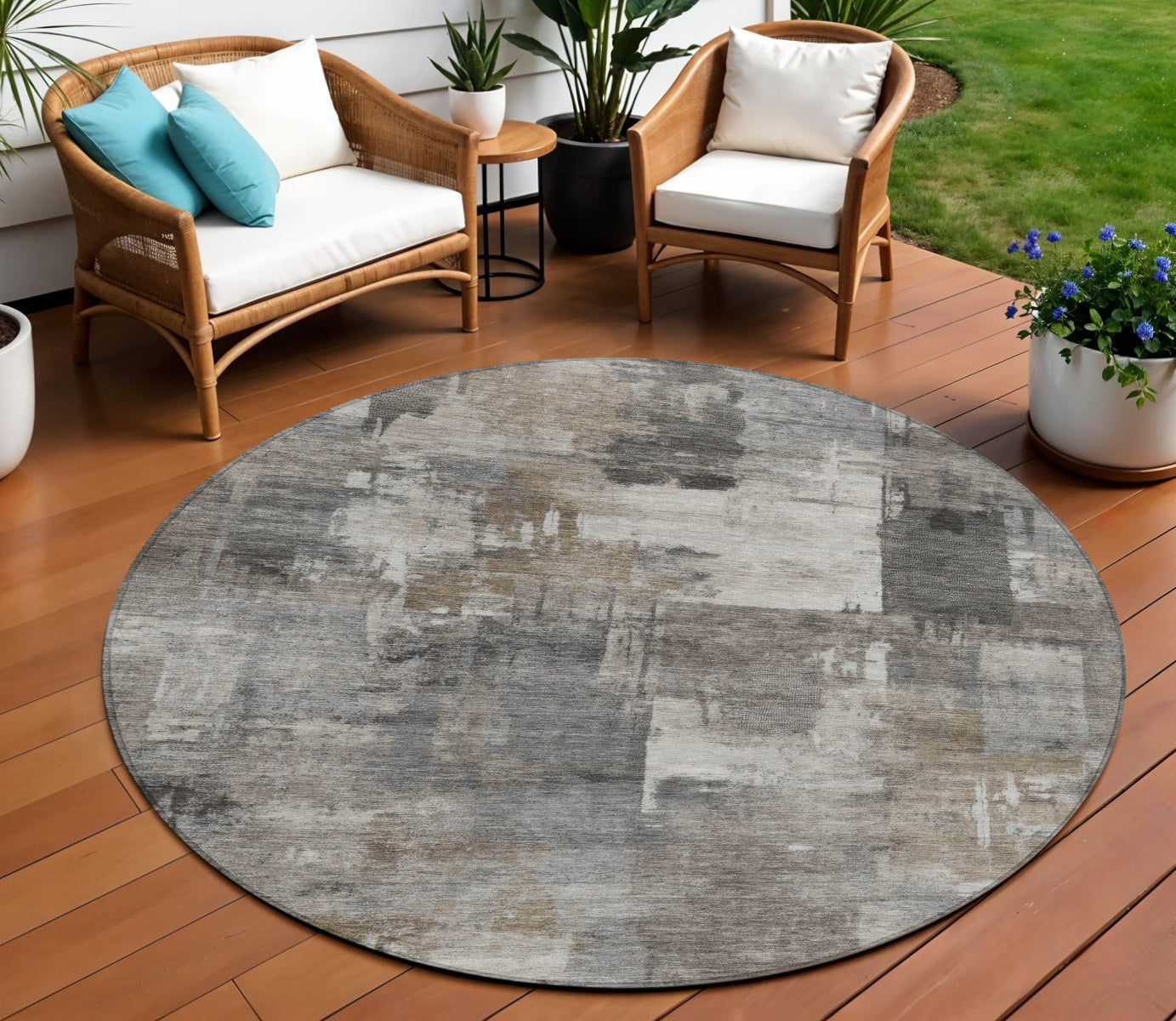 8 Pewter Khaki And Charcoal Round Abstract Washable Indoor Outdoor Area Rug
