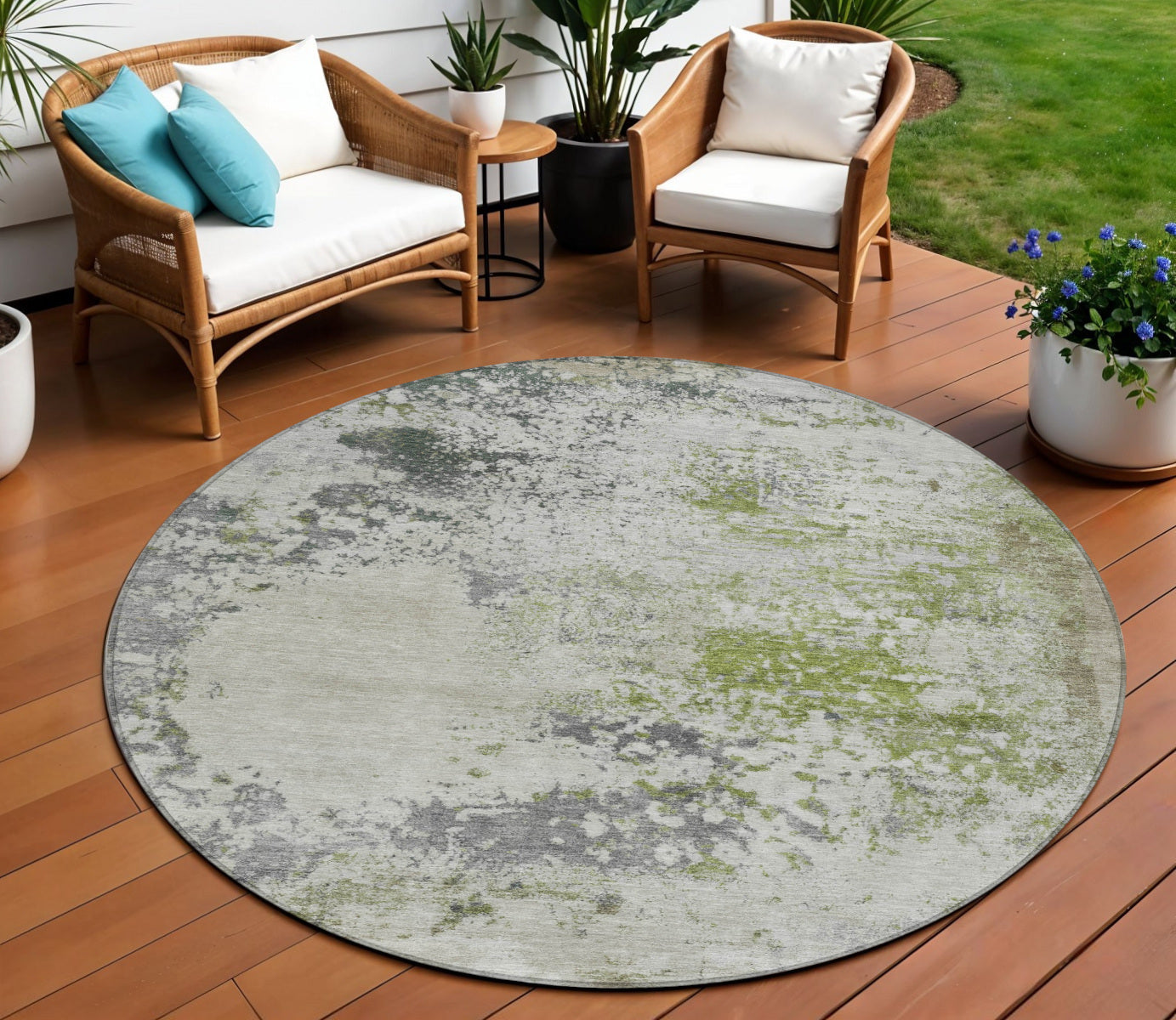 8 Linen Fern Green And Beige Round Abstract Washable Indoor Outdoor Area Rug