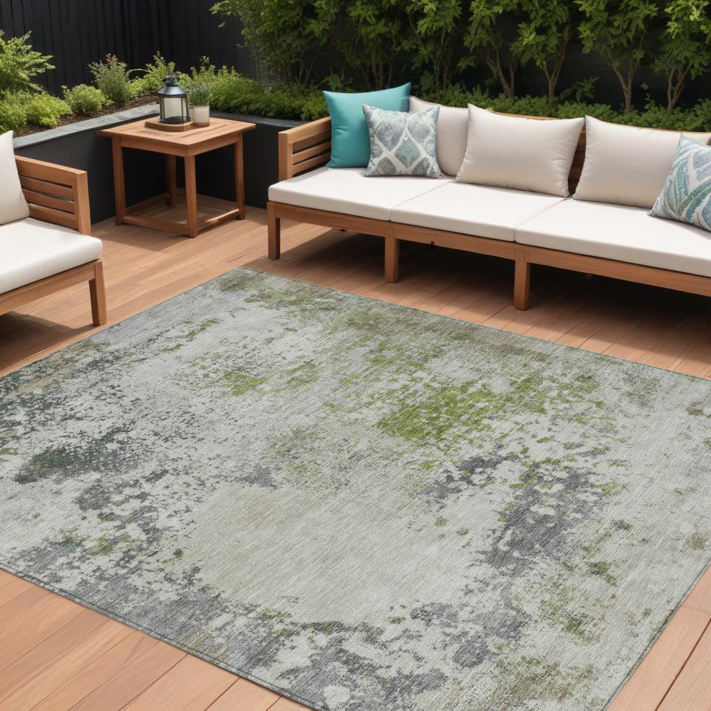 9 X 12 Linen Fern Green And Beige Abstract Washable Indoor Outdoor Area Rug