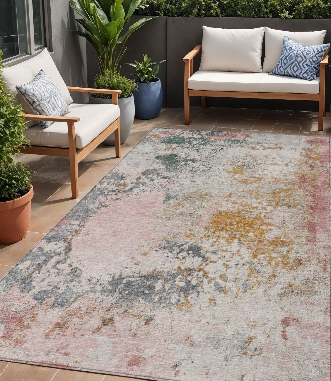 5 X 8 Pink Charcoal And Copper Abstract Washable Indoor Outdoor Area Rug