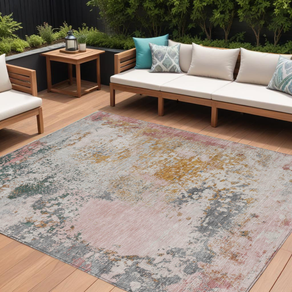 10 X 14 Pink Charcoal And Copper Abstract Washable Indoor Outdoor Area Rug