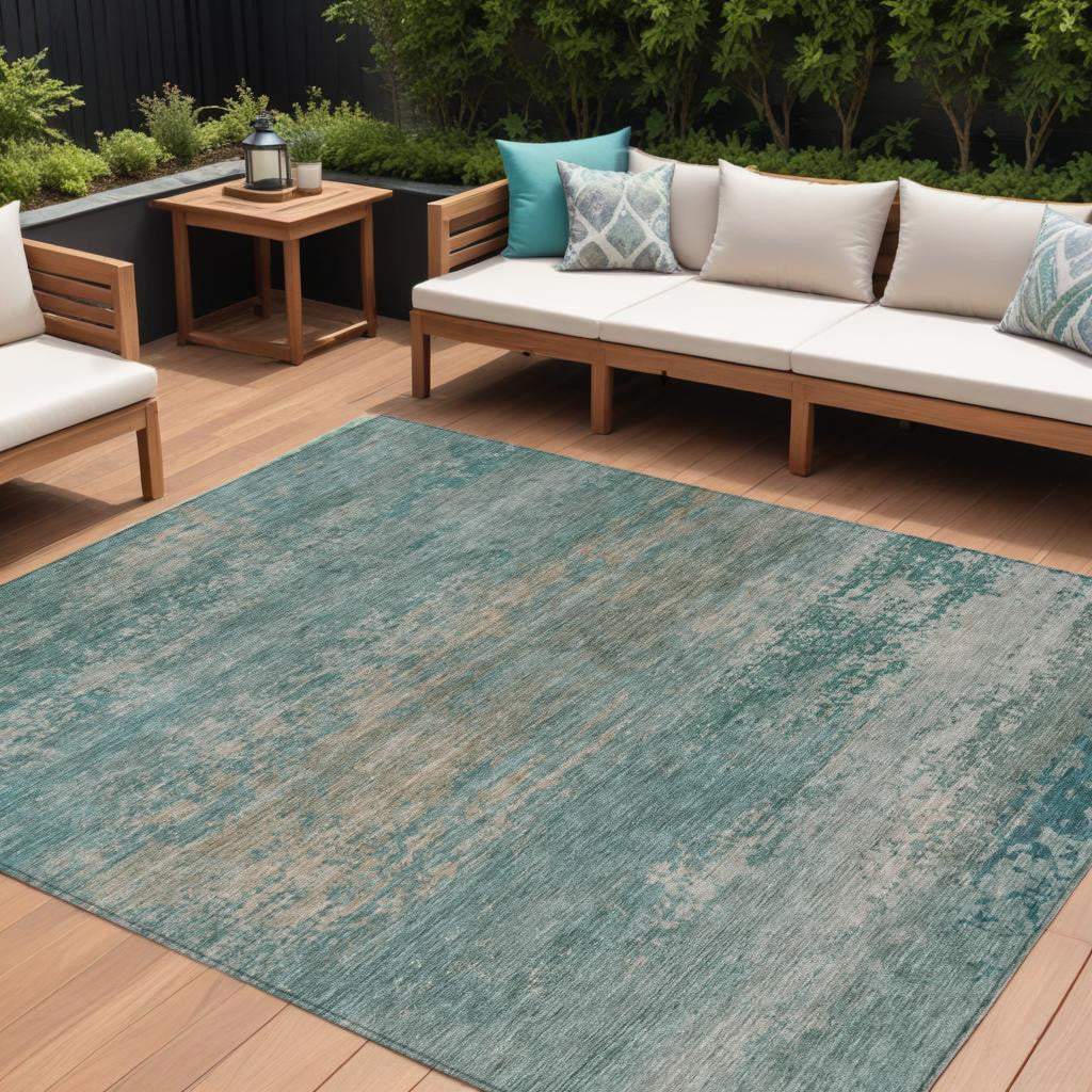 9 X 12 Aqua And Beige Abstract Washable Indoor Outdoor Area Rug