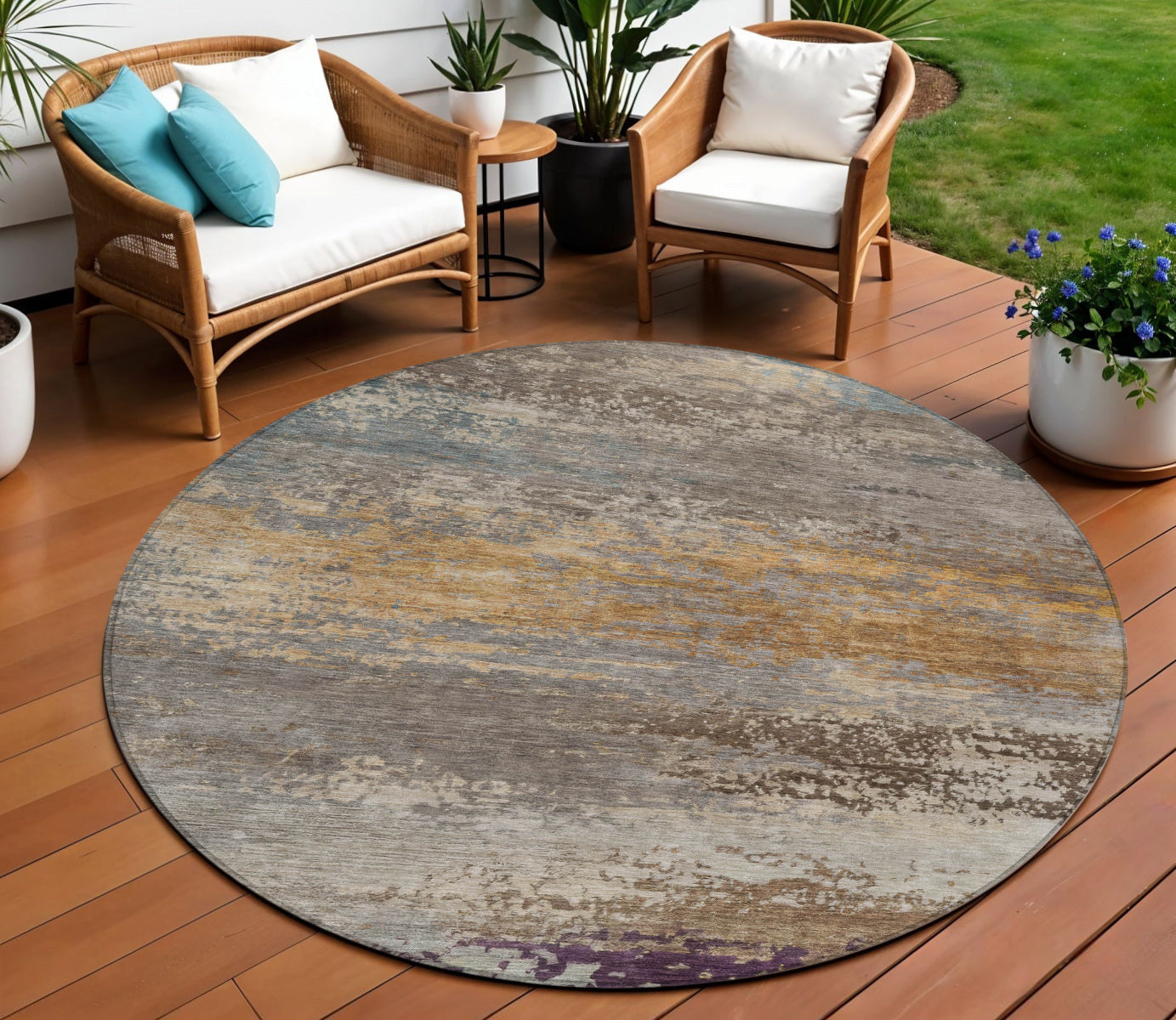 8 Brown Gray And Purple Round Abstract Washable Indoor Outdoor Area Rug