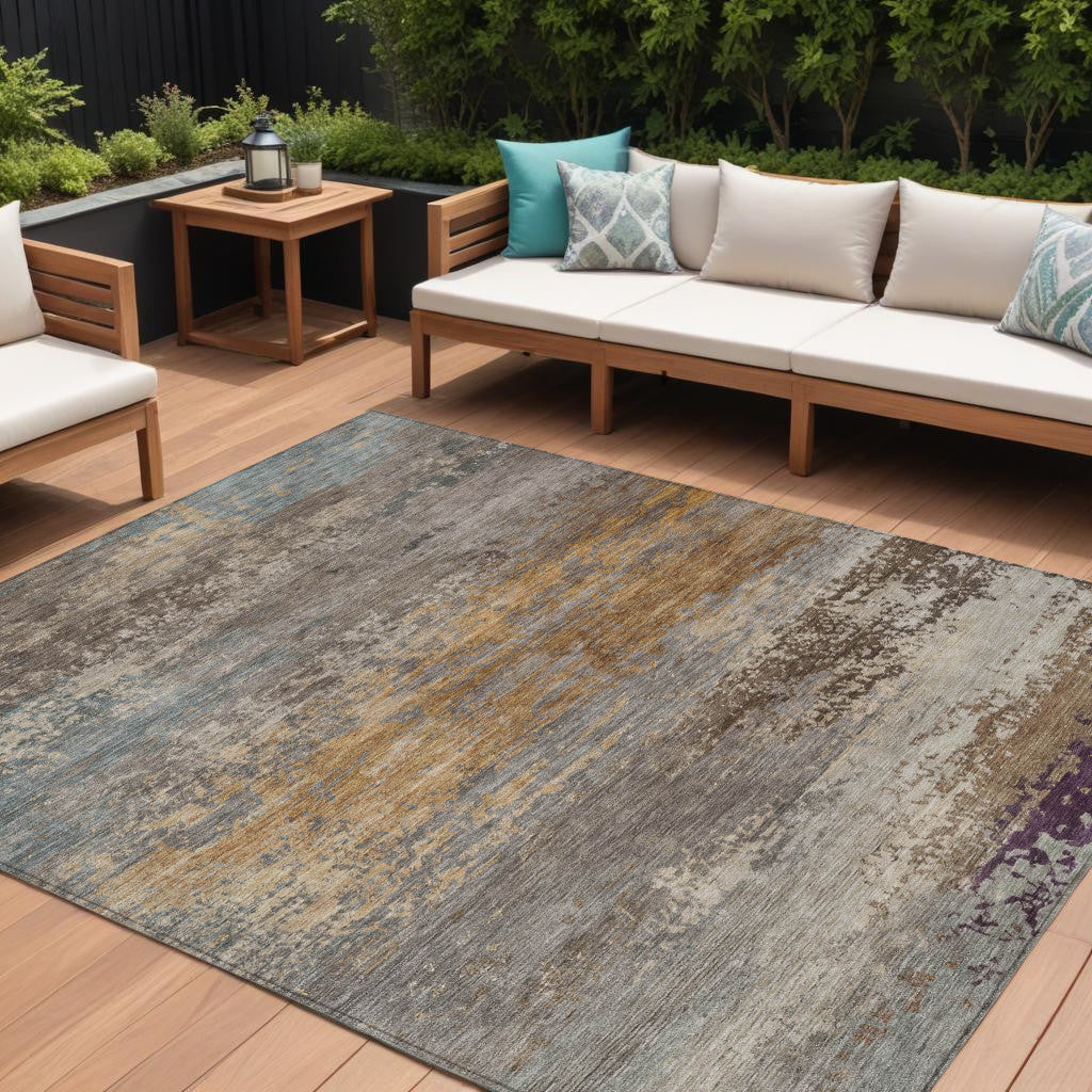 10 X 14 Brown Gray And Purple Abstract Washable Indoor Outdoor Area Rug