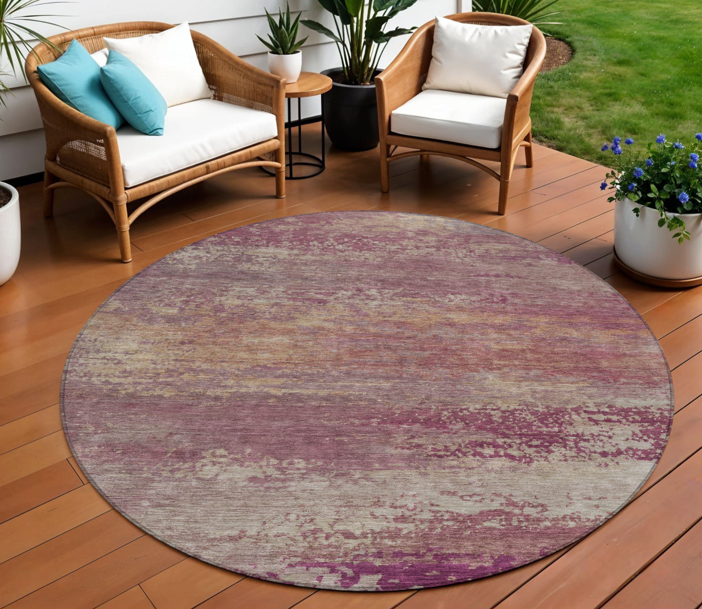 8 Merlot Beige And Blush Round Abstract Washable Indoor Outdoor Area Rug