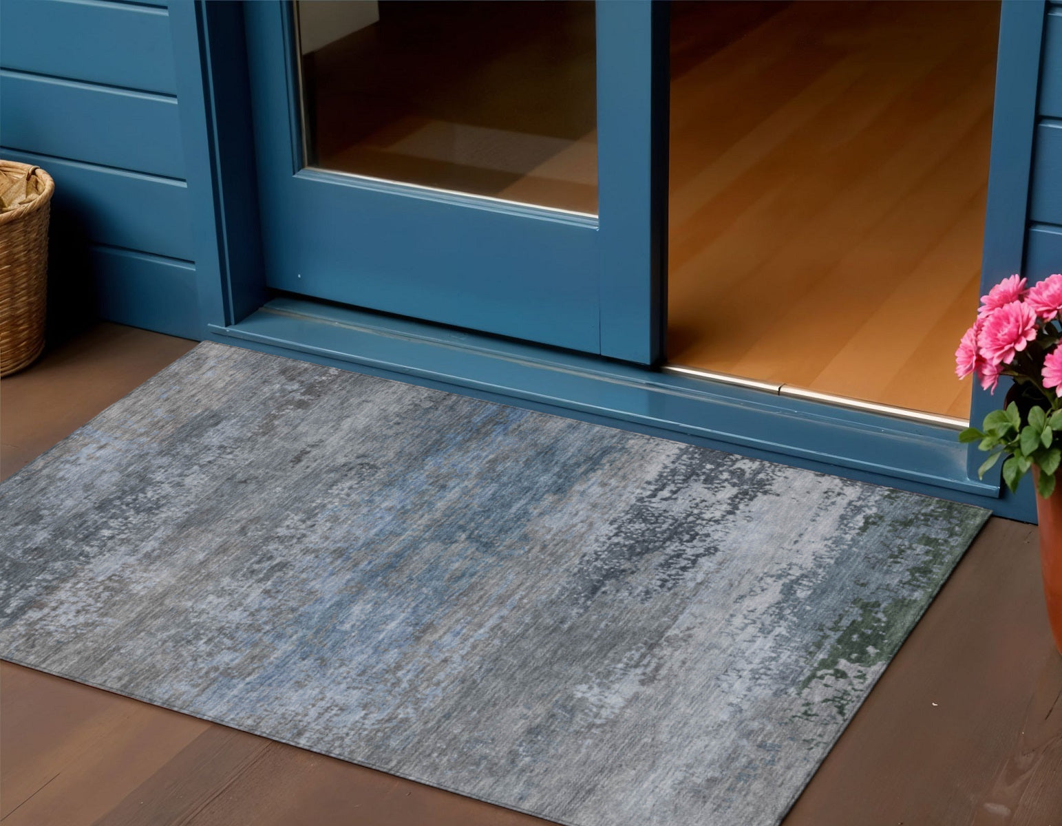 3 X 5 Pewter Navy Blue And Charcoal Abstract Washable Indoor Outdoor Area Rug