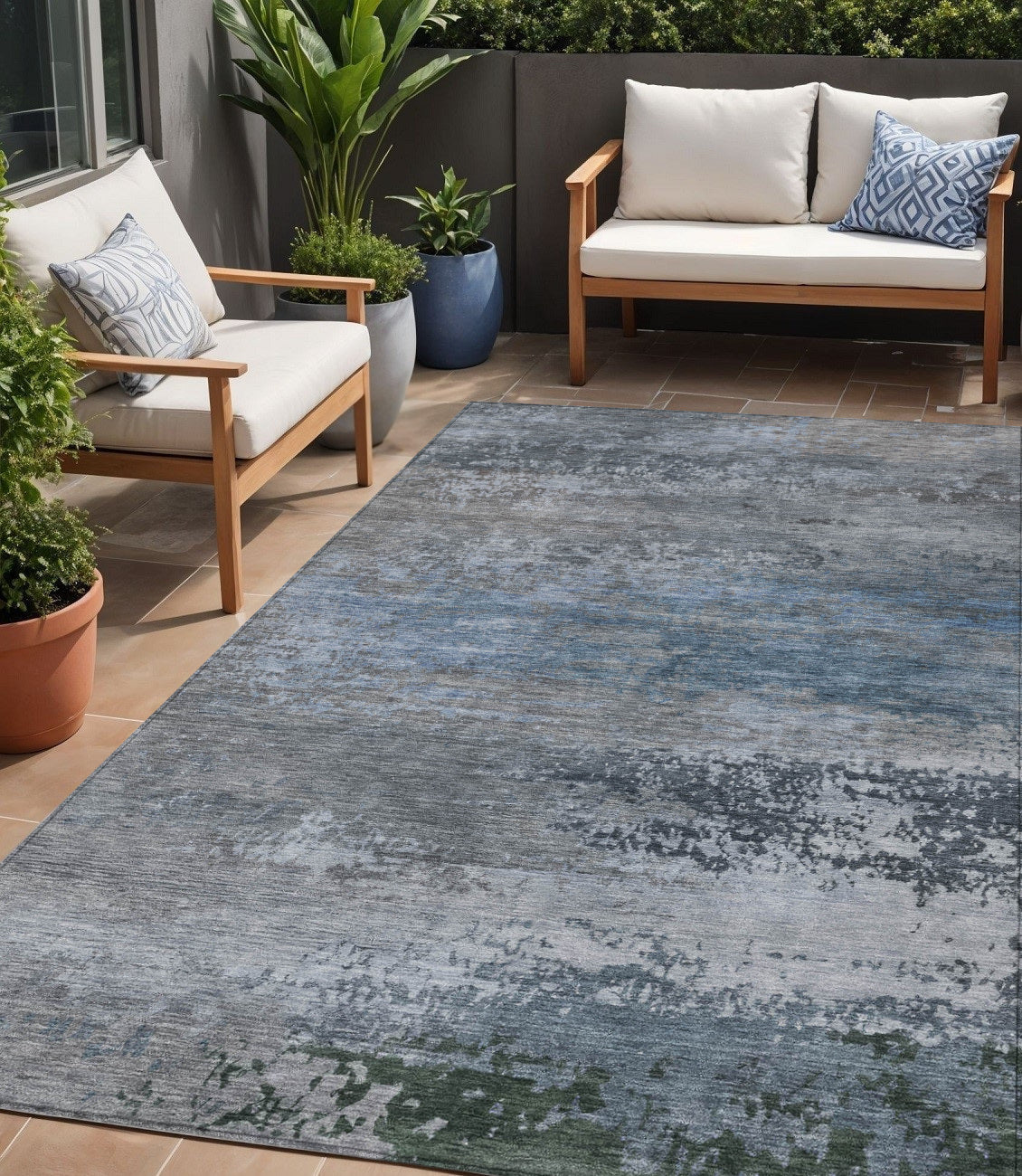 5 X 8 Pewter Navy Blue And Charcoal Abstract Washable Indoor Outdoor Area Rug