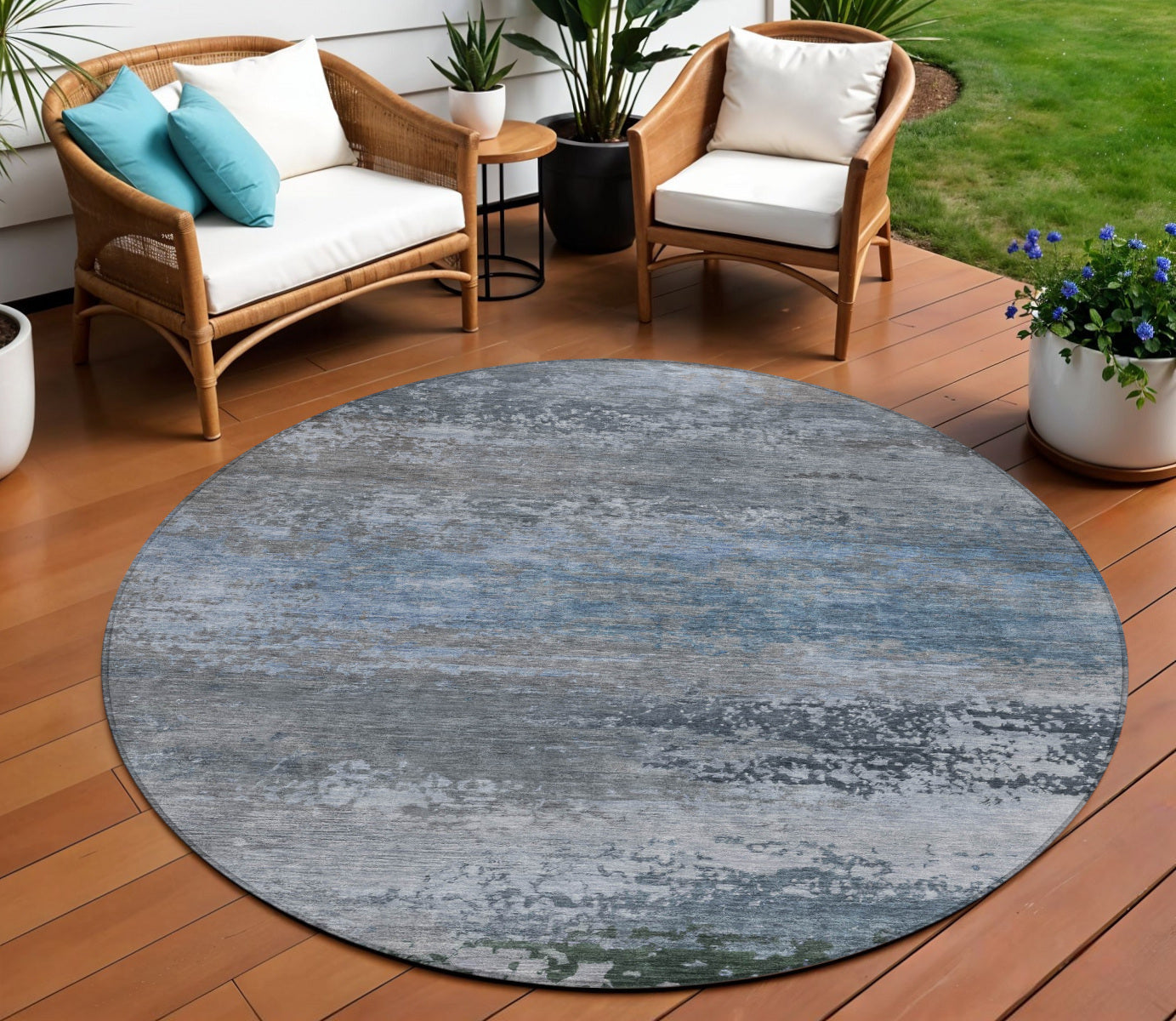 8 Pewter Navy Blue And Charcoal Round Abstract Washable Indoor Outdoor Area Rug