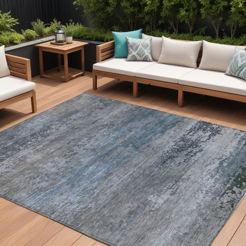 10 X 14 Pewter Navy Blue And Charcoal Abstract Washable Indoor Outdoor Area Rug