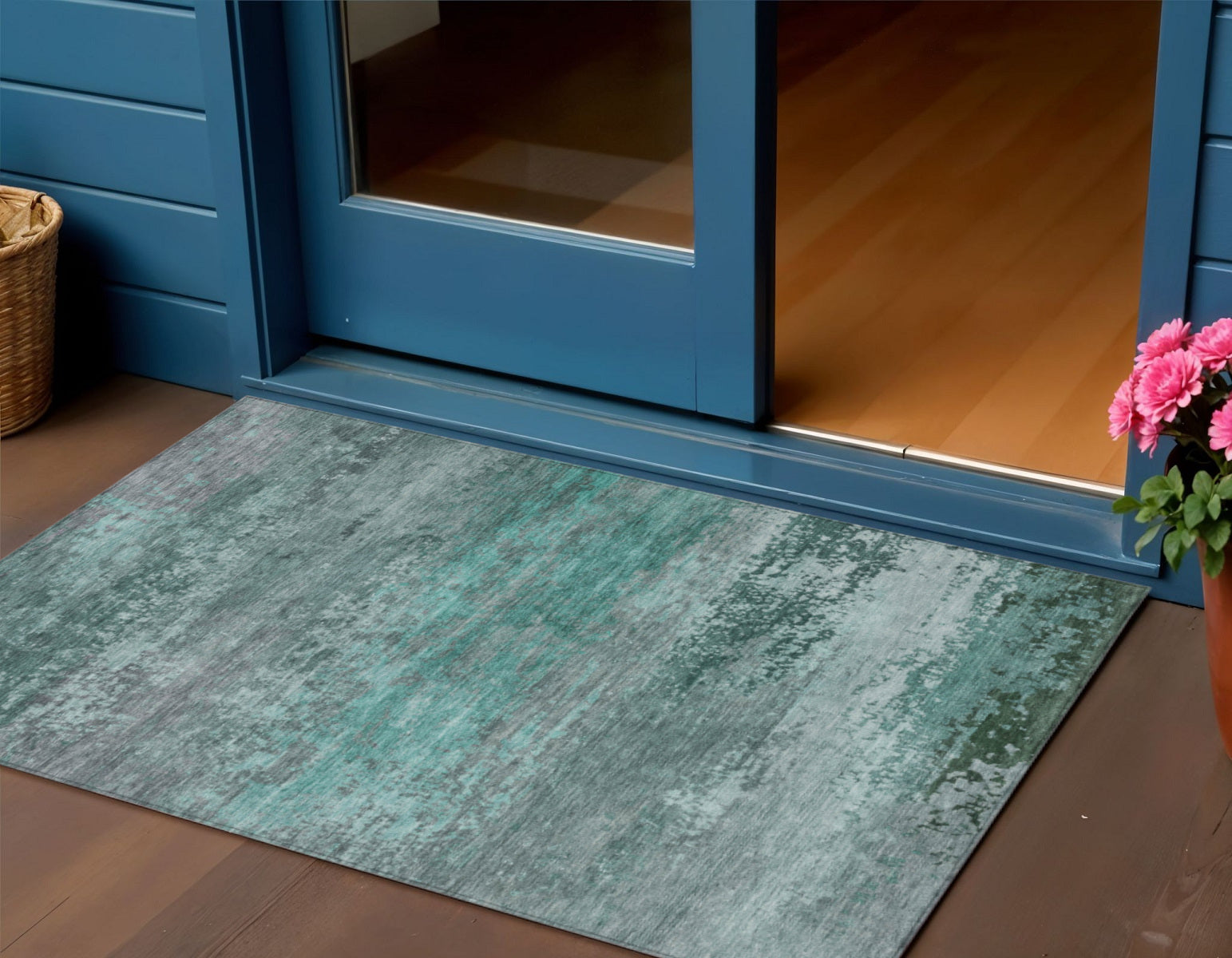 3 X 5 Teal Blue Gray And Pale Aqua Abstract Washable Indoor Outdoor Area Rug