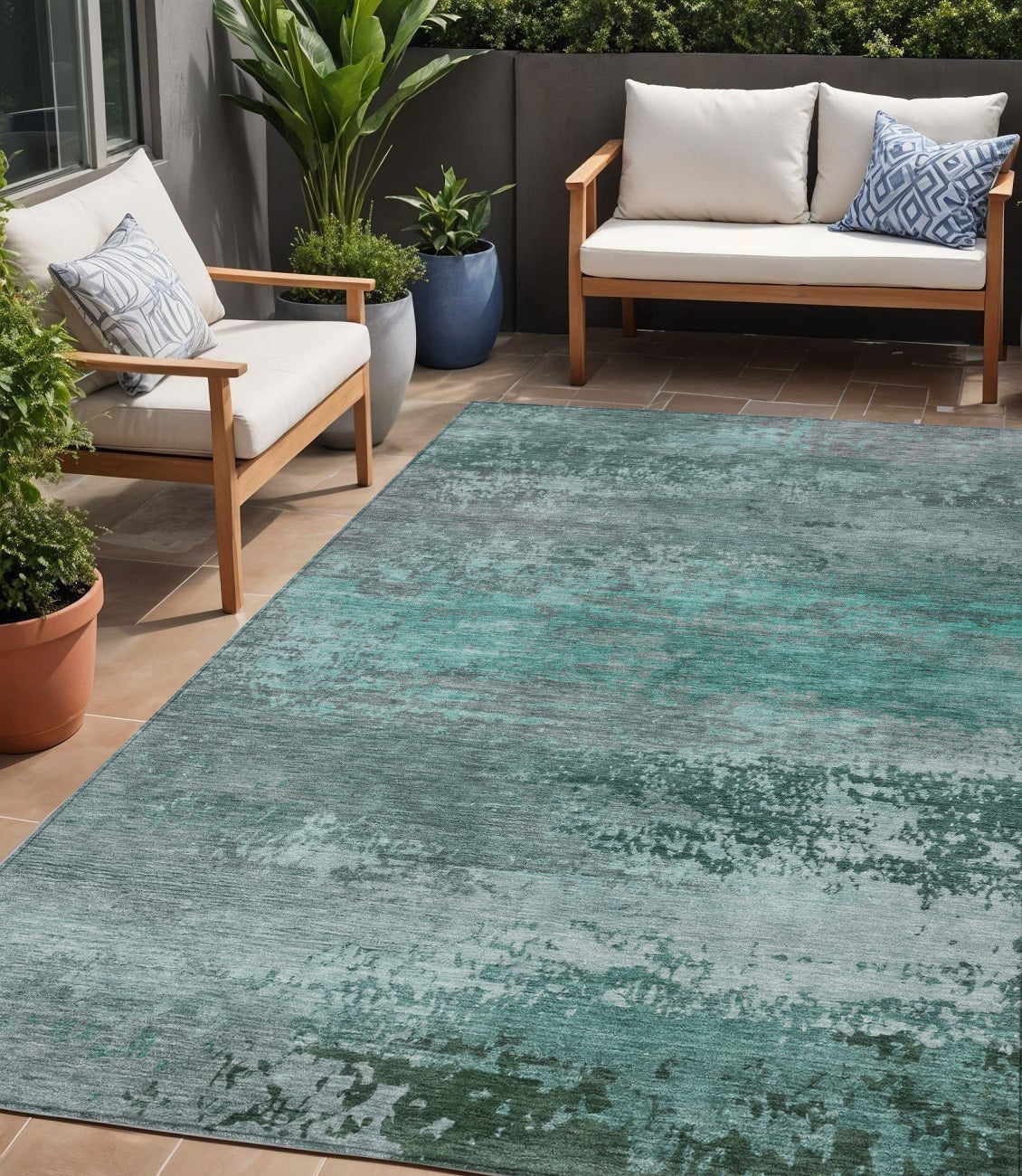 5 X 8 Teal Blue Gray And Pale Aqua Abstract Washable Indoor Outdoor Area Rug