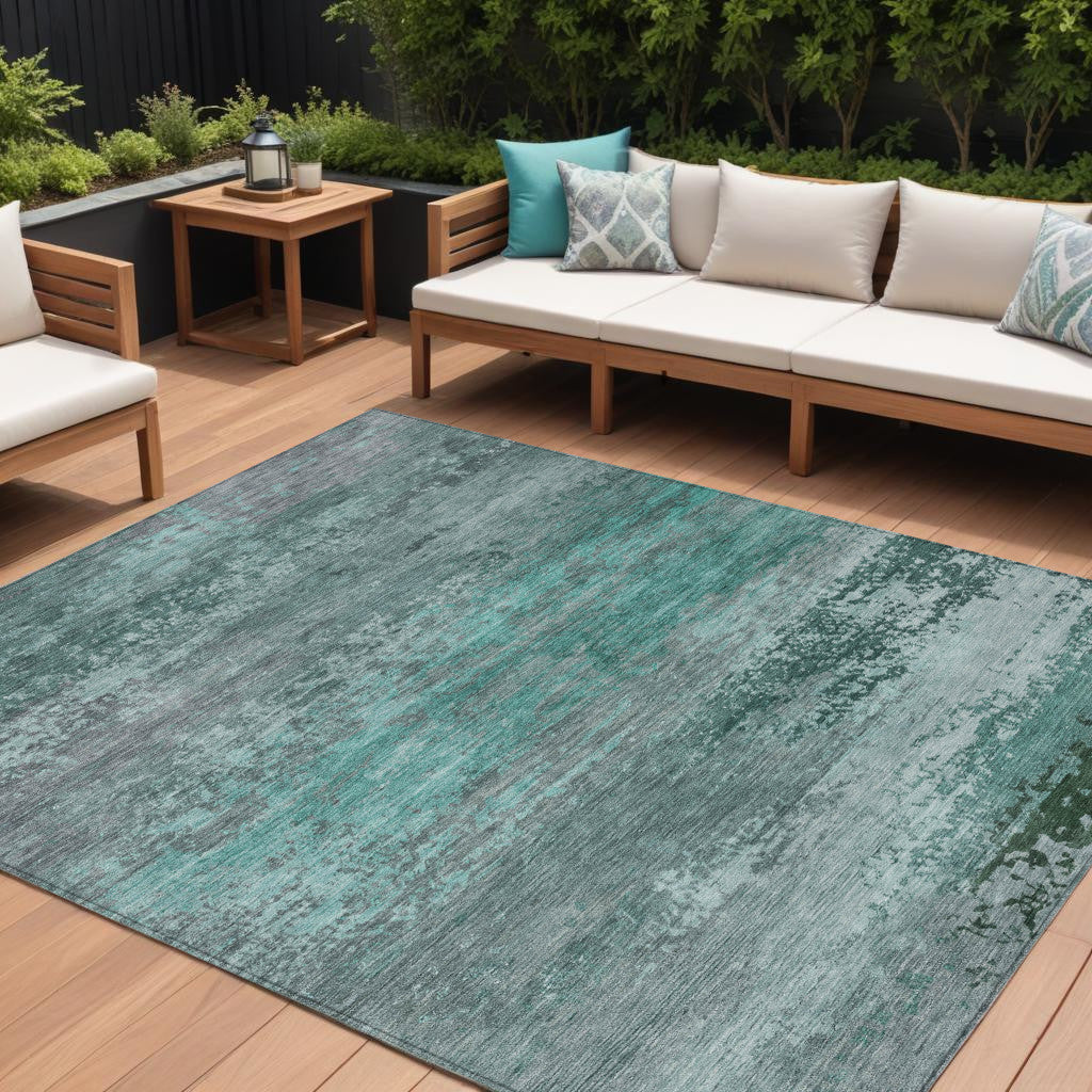 10 X 14 Teal Blue Gray And Pale Aqua Abstract Washable Indoor Outdoor Area Rug