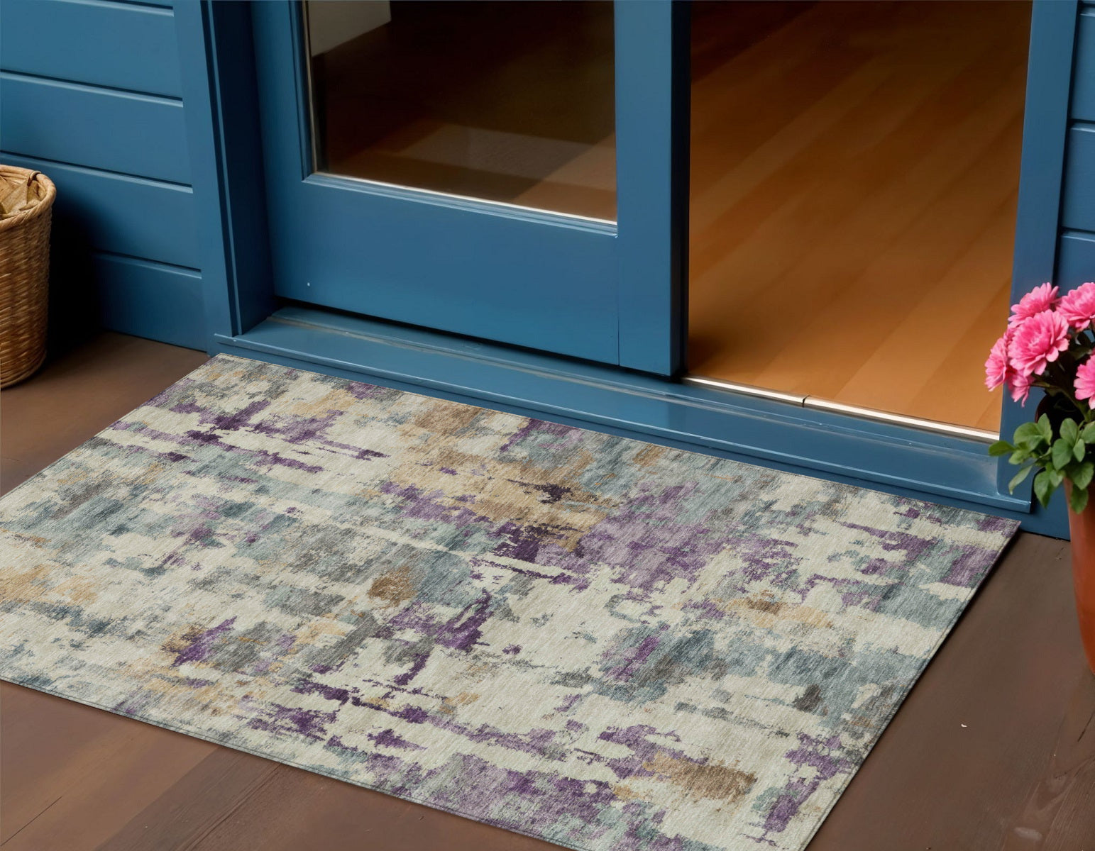 3 X 5 Linen Purple And Gold Abstract Washable Indoor Outdoor Area Rug