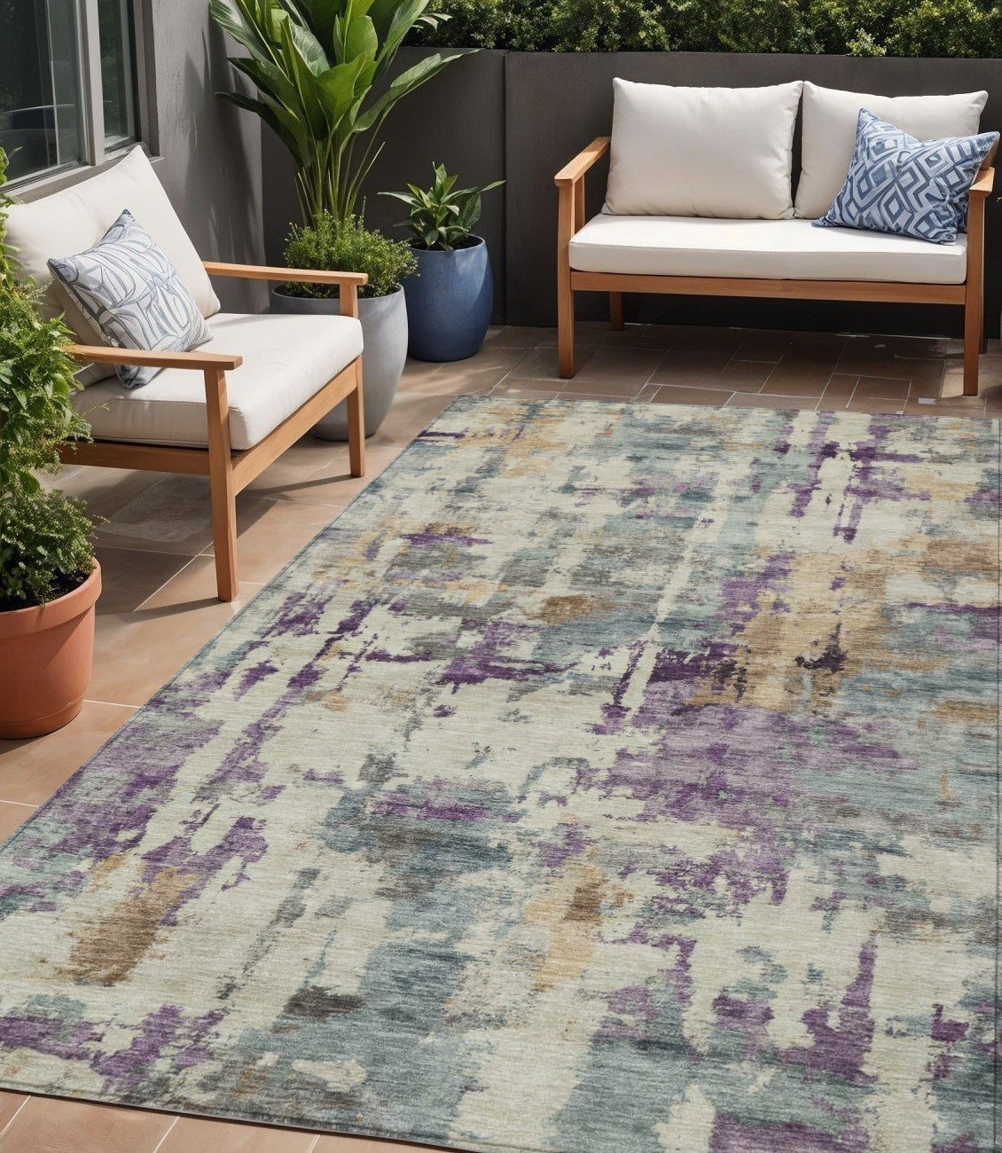 5 X 8 Linen Purple And Gold Abstract Washable Indoor Outdoor Area Rug