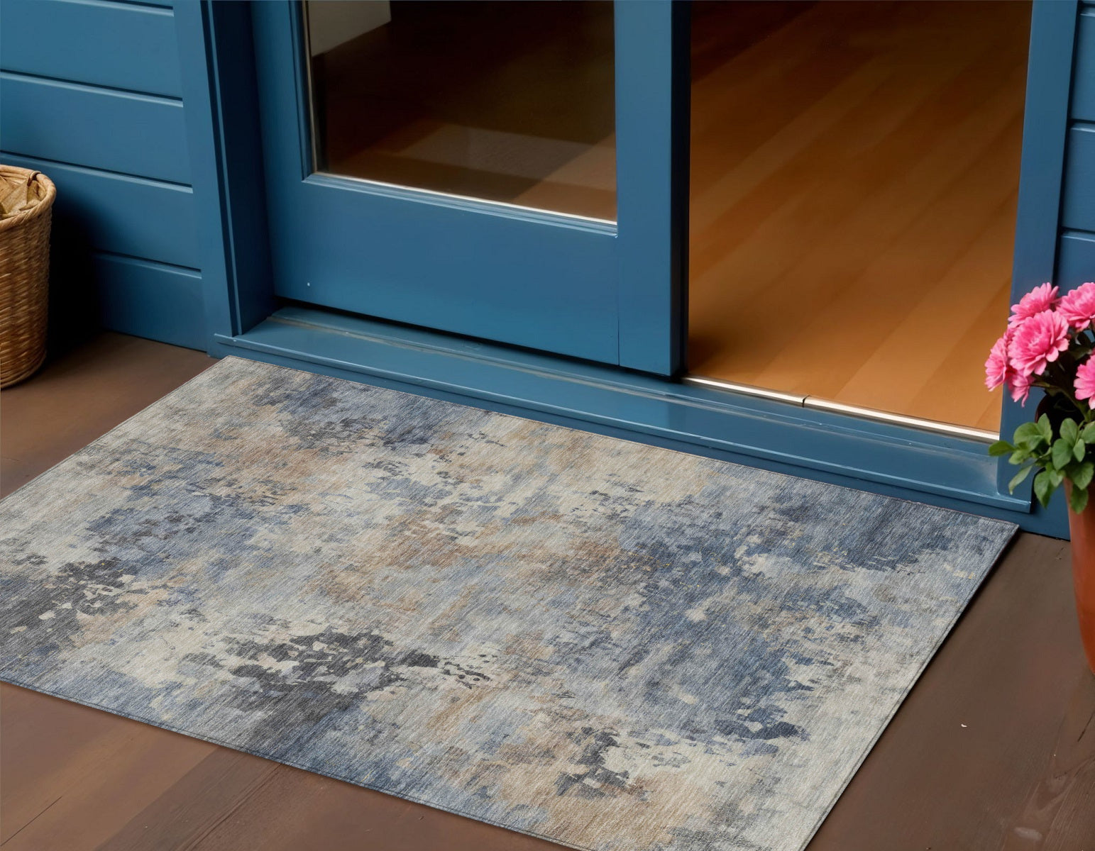 3 X 5 Denim Blue Beige And Charcoal Abstract Washable Indoor Outdoor Area Rug