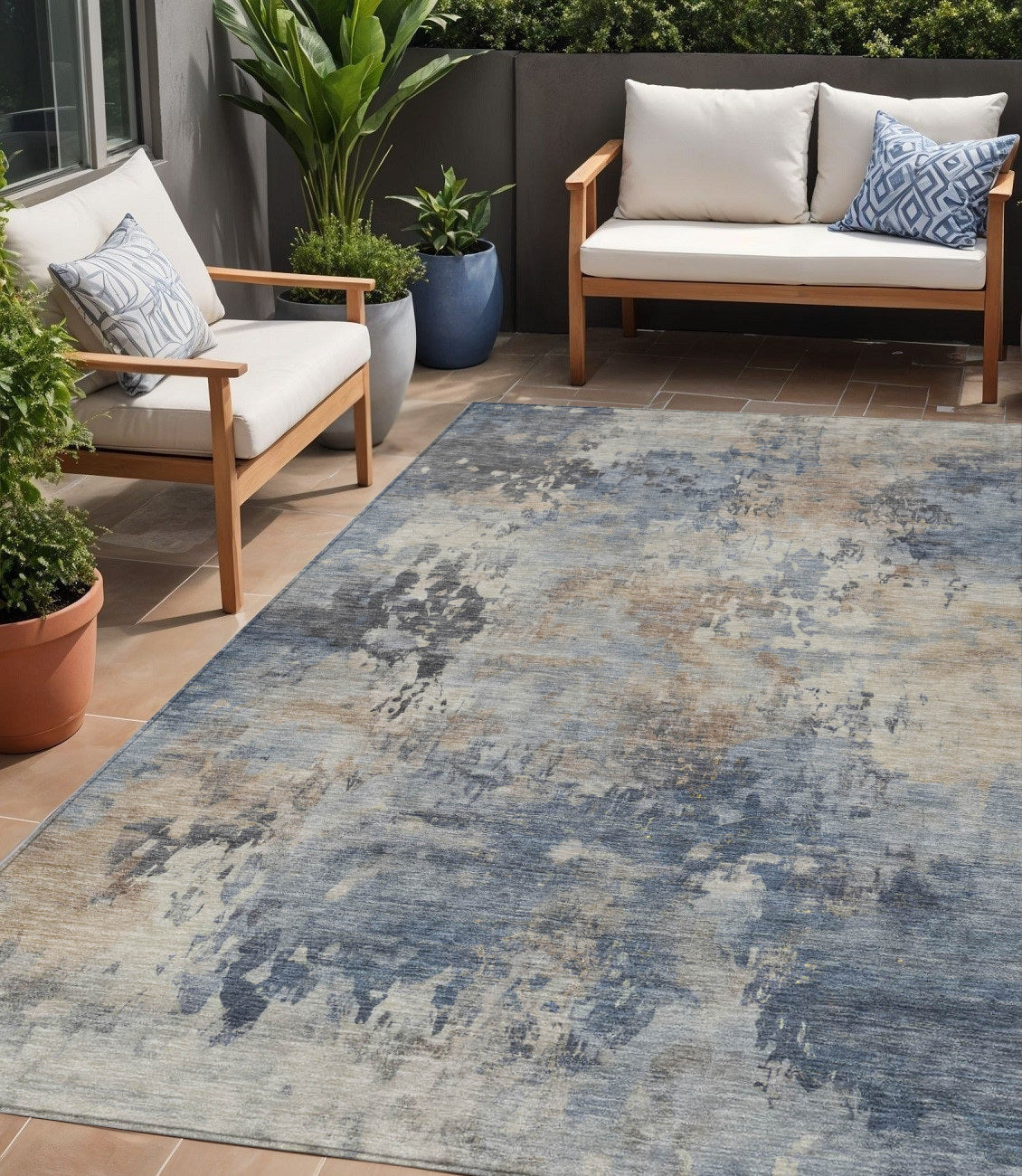 5 X 8 Denim Blue Beige And Charcoal Abstract Washable Indoor Outdoor Area Rug