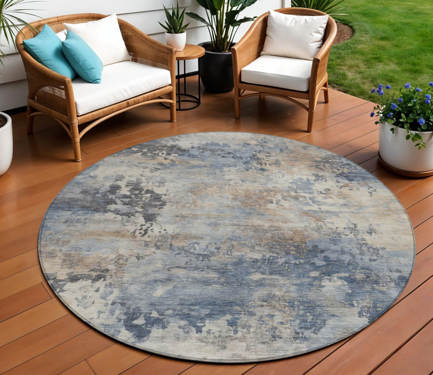 8 Denim Blue Beige And Charcoal Round Abstract Washable Indoor Outdoor Area Rug