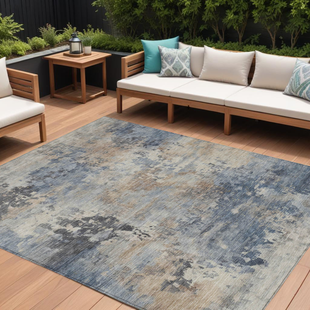 8 X 10 Denim Blue Beige And Charcoal Abstract Washable Indoor Outdoor Area Rug