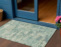 3 X 5 Teal Blue Linen And Pale Aqua Abstract Washable Indoor Outdoor Area Rug
