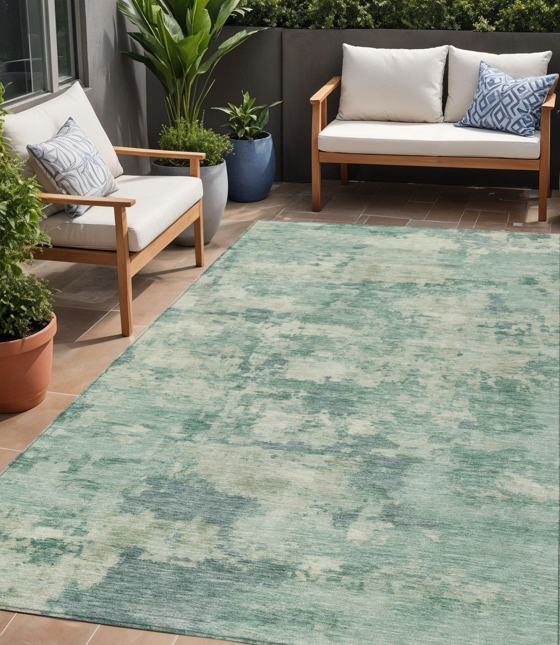 5 X 8 Teal Blue Linen And Pale Aqua Abstract Washable Indoor Outdoor Area Rug