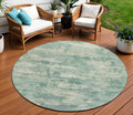 8 Teal Blue Linen And Pale Aqua Round Abstract Washable Indoor Outdoor Area Rug