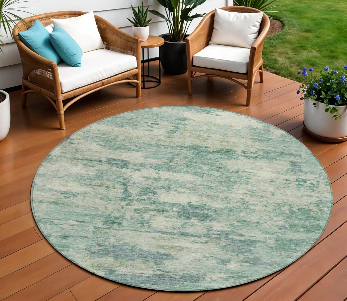 8 Teal Blue Linen And Pale Aqua Round Abstract Washable Indoor Outdoor Area Rug