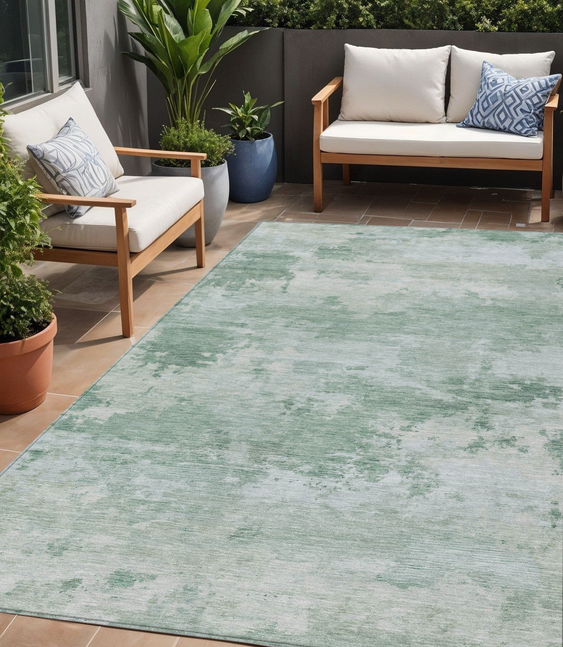 5 X 8 Mint Green And Pale Aqua Abstract Washable Indoor Outdoor Area Rug