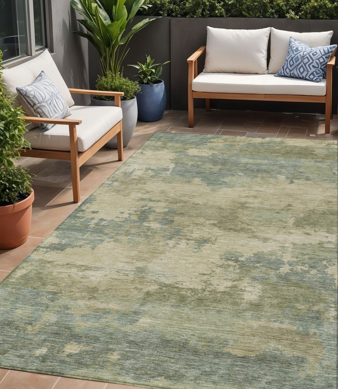 5 X 8 Pale Aqua And Khaki Abstract Washable Indoor Outdoor Area Rug