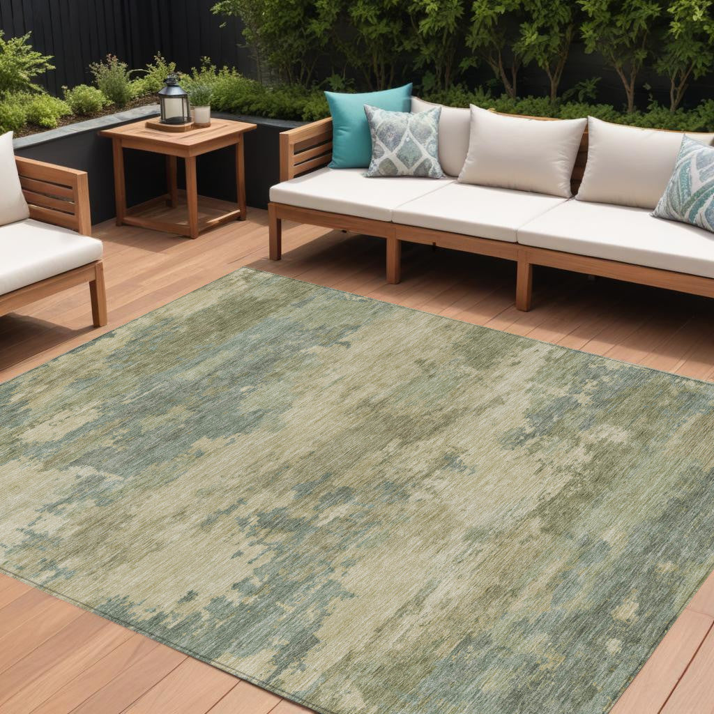 10 X 14 Pale Aqua And Khaki Abstract Washable Indoor Outdoor Area Rug
