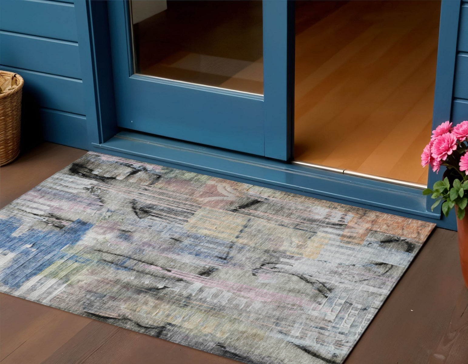 3 X 5 Blue Black And Copper Abstract Washable Indoor Outdoor Area Rug
