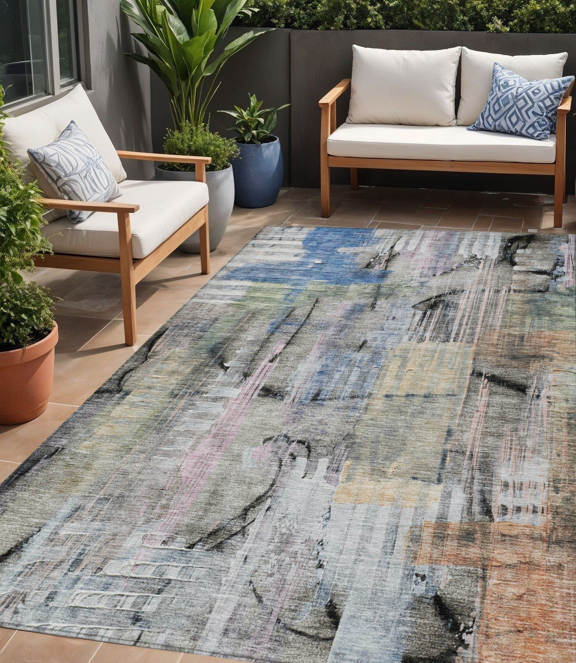 5 X 8 Blue Black And Copper Abstract Washable Indoor Outdoor Area Rug