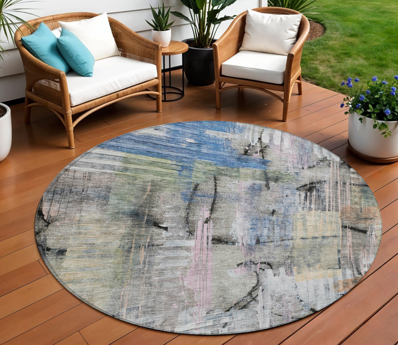 8 Blue Black And Copper Round Abstract Washable Indoor Outdoor Area Rug
