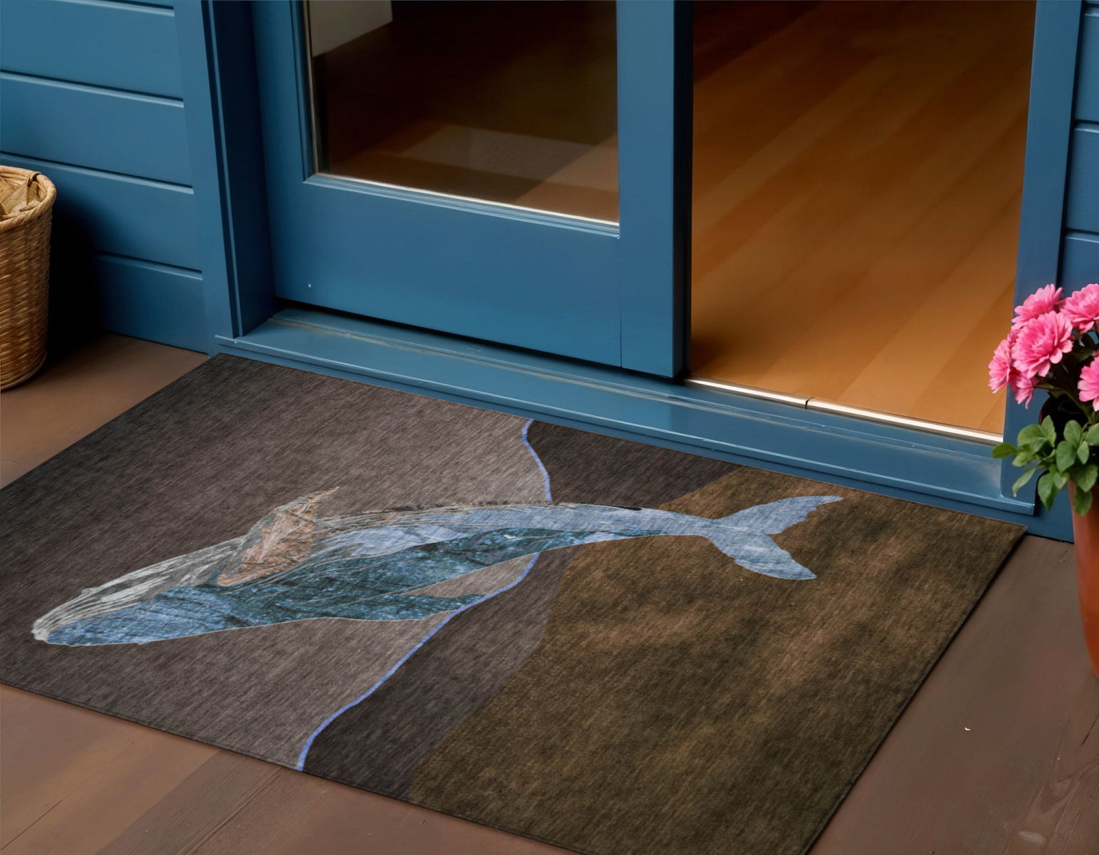 3 X 5 Brown And Denim Blue Animal Print Washable Indoor Outdoor Area Rug