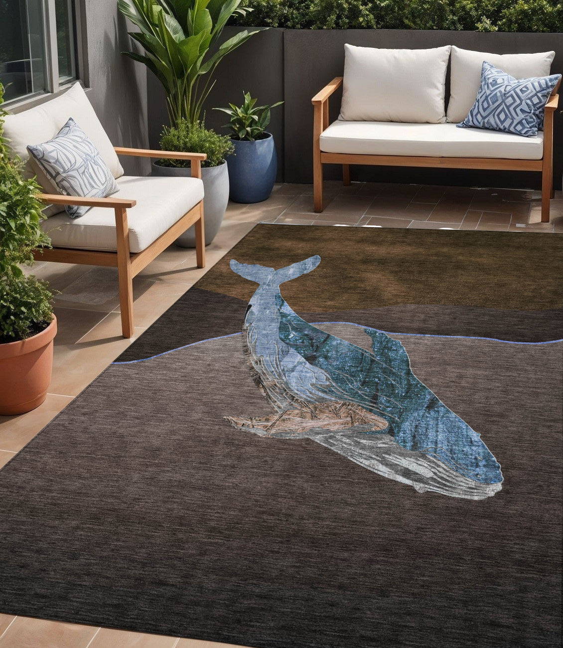 5 X 8 Brown And Denim Blue Animal Print Washable Indoor Outdoor Area Rug