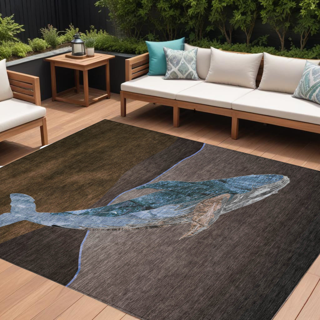 10 X 14 Brown And Denim Blue Animal Print Washable Indoor Outdoor Area Rug