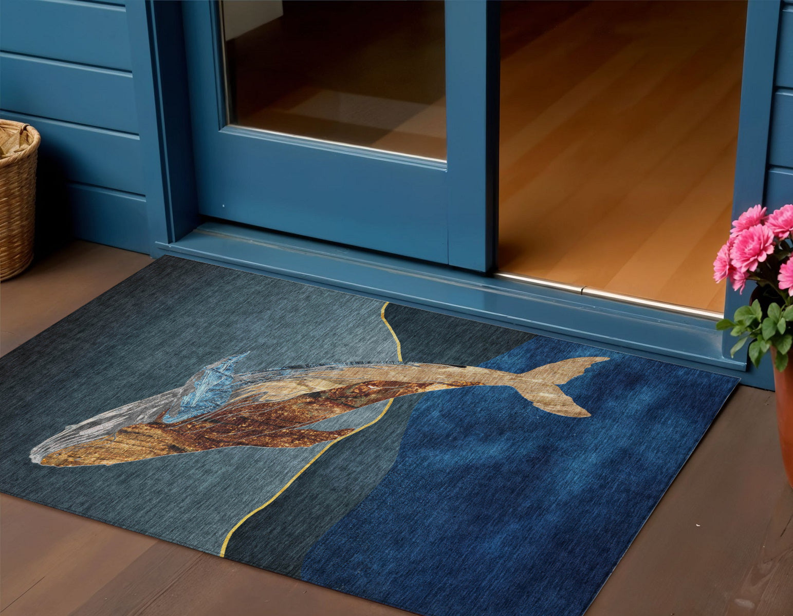 3 X 5 Blue And Brown Animal Print Washable Indoor Outdoor Area Rug
