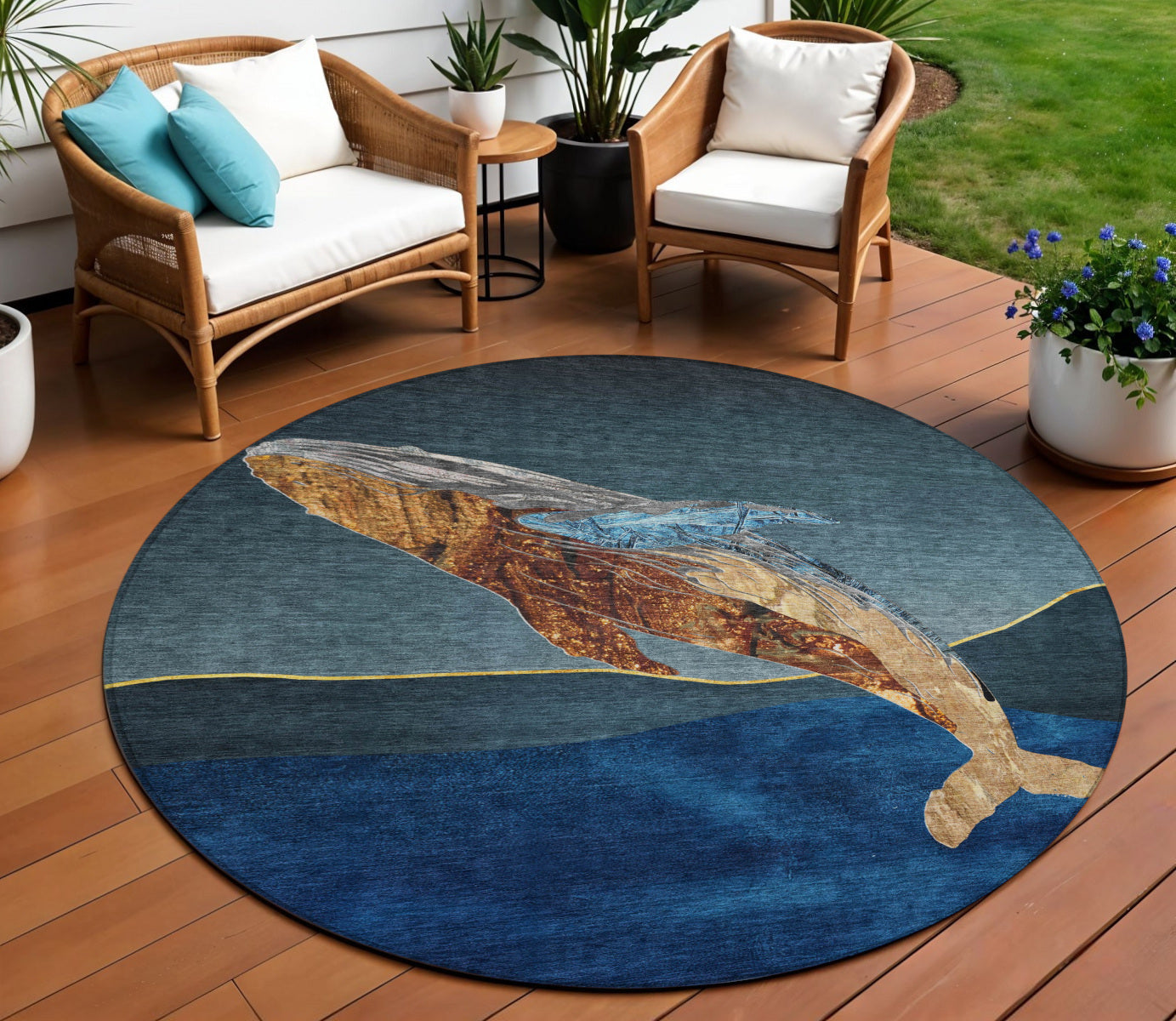 8 Blue And Brown Round Animal Print Washable Indoor Outdoor Area Rug