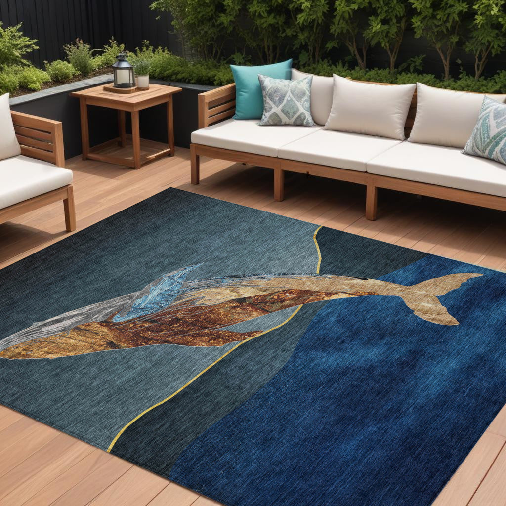 9 X 12 Blue And Brown Animal Print Washable Indoor Outdoor Area Rug